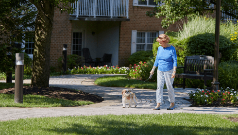 Senior lady walking her dog outside the best retirement living community Senior lady walking her dog outside the best retirement living community