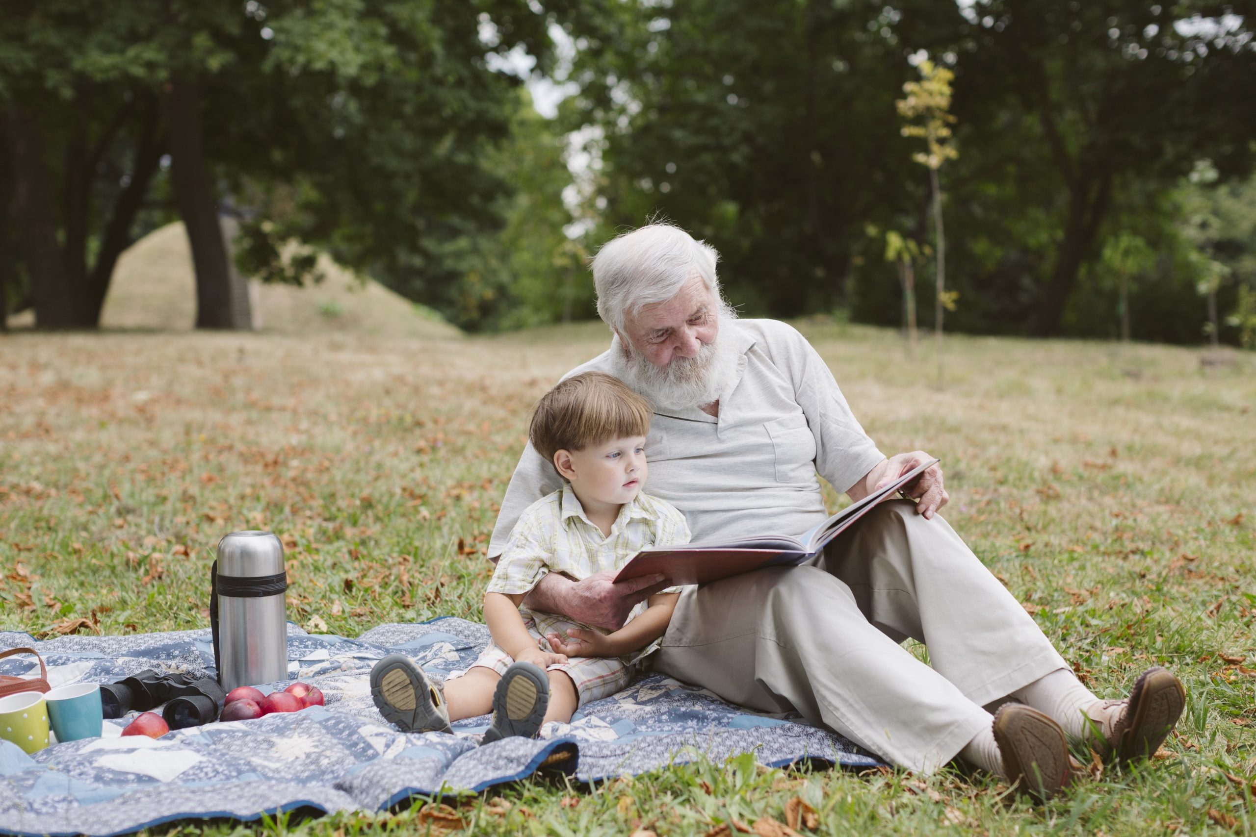 Staycations: What Is The New Trend And How Can Retirees Get The Most Out Of It? 10 grand dad reading a book for his grandson during their picnic in their garden. one of the best staycations idea for seniors.