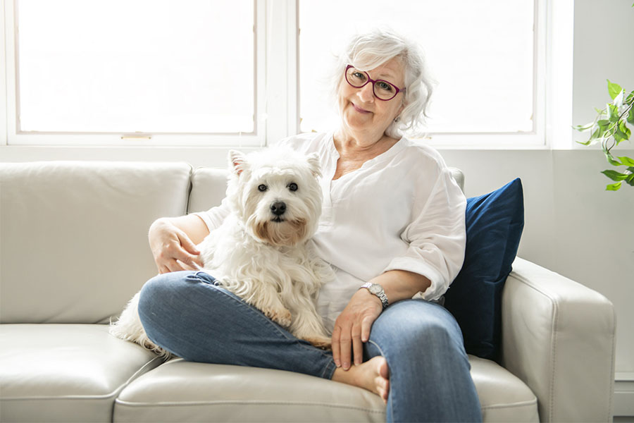 Senior woman sitting on the couch with her terrier concept image for best small dog breeds for seniors and retirees